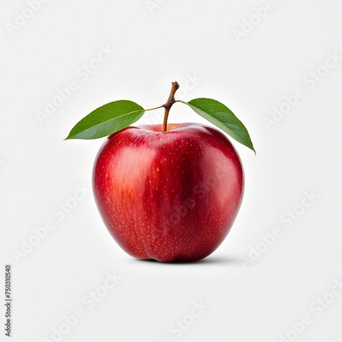 one red apple on a white background with two leaves