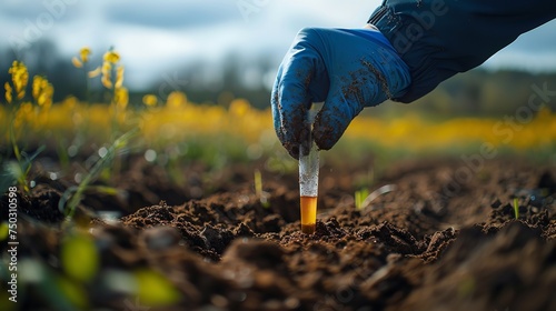Portrait of hand holding soil sample in a tube with a big space for text or product and a blurry nature backdrop, Generative AI. photo