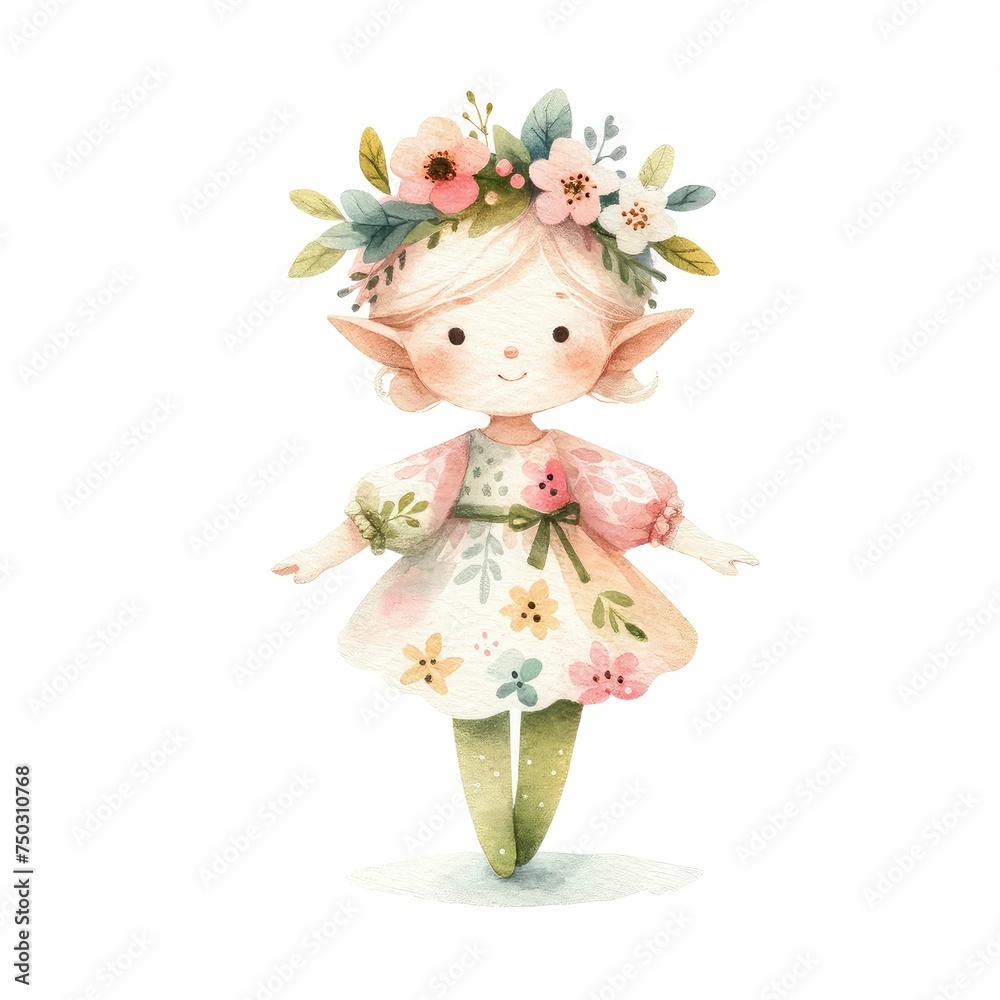 Spring elve. watercolor illustration, Perfect for nursery art, fairytale in the flowers. 