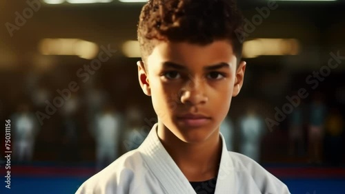 A young mixedrace Taekwondo athlete his gaze focused solely on the camera against a defocused Taekwondo sports background. photo
