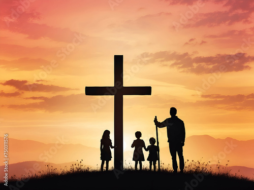 "Family Seeking Jesus: Easter Sunrise Silhouette"