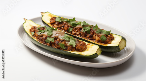  An enticing scene unfolds with a ceramic plate adorned with savory meat-stuffed zucchini boats, resting.
