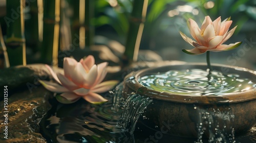 Sunlight filters through, illuminating a tranquil spa still life. A bamboo fountain gently cascades into a serene pool, its calming murmur blending with the fragrance of blooming lotus flowers photo