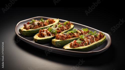 A realistic representation features a ceramic plate adorned with savory meat-stuffed zucchini boats, positioned on a clean white background with ample space for text or graphics.