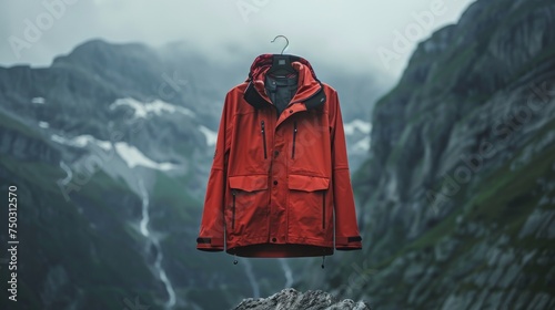 A pop of color against a winter landscape: A bright red jacket adds a touch of vibrancy to a scene of snow-covered peaks