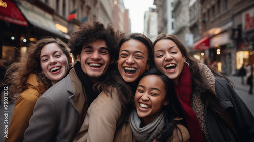  A vibrant scene in a bustling city square, a diverse group of friends joyfully embracing each other, their laughter resonating amidst the urban hustle.