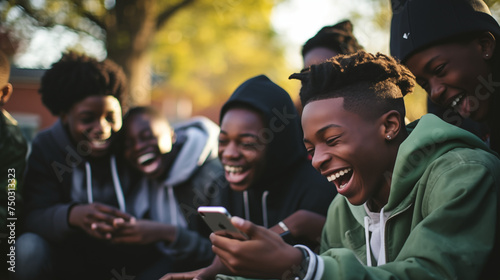 A group of young people gathers outdoors, immersed in their smart mobile phone devices, laughter and friendly banter filling the air as they play video games apps together .