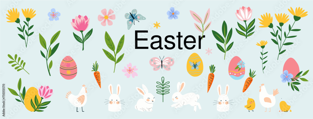 Easter set elements in cartoon flat style, Vector illustration. . Bunny, dyed eggs, chick, colorful flowers. Spring abstract decoration symbol.