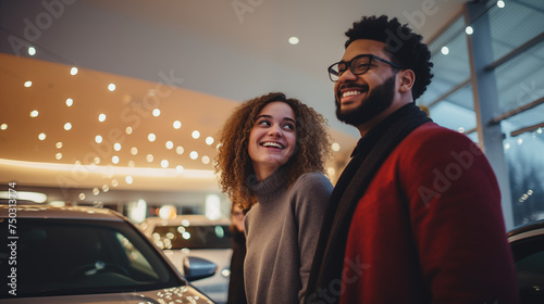 The joyful scene of a multiracial couple standing in a well-lit showroom, their faces aglow with happiness as they admire a sleek new car.