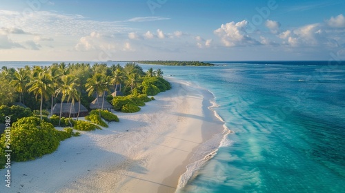 Aerial view of beautiful tropical island with palm trees and sand beach for holiday background. Nature landscape.