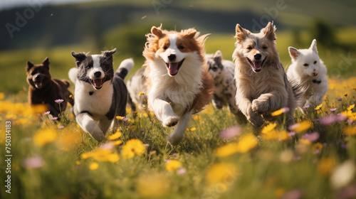 
A heartwarming sight of dogs and cats of various breeds running happily together in an open field, their furry tails wagging in unison, ears flopping with each joyful leap.