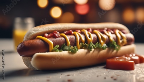 view of aesthetic hot dog with garnish on top and sauce image background