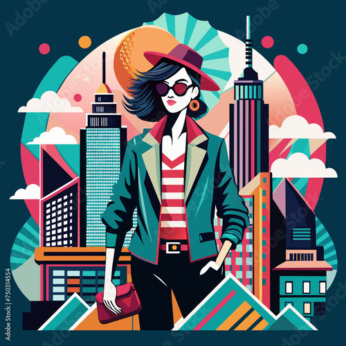 Tshirt Sticker Design of a Urban Chic in stylish cityscape design infused with modern fashion elements and urban flair