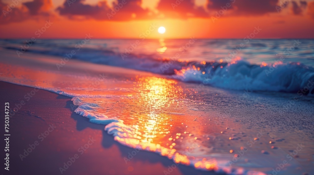 The setting sun casts a golden sheen across a serene beach, with sparkling reflections dancing on the wet sand and gentle waves