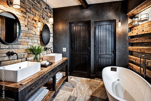 Zen-inspired bathroom with a Japanese soaking tub  bamboo flooring  and a rock garden