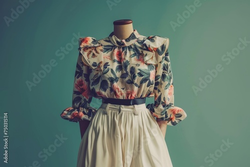 attire consists of a floral blouse with sheer sleeves and a bow at the neckline, paired with a pleated green skirt cinched at the waist with an orange belt