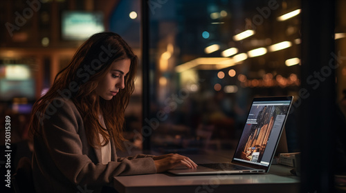  A realistic representation freezes a moment in time, highlighting a businesswoman diligently using her laptop at her desk in the late hours of the evening, .