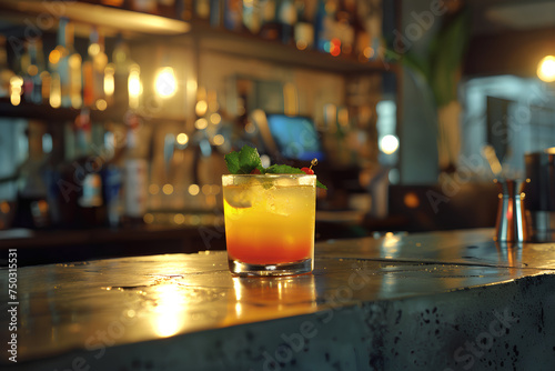 A well-lit modern location centers a photograph capturing a classic Tequila Sunrise atop a concrete bar.