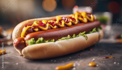 view of aesthetic hot dog with garnish on top and sauce image background