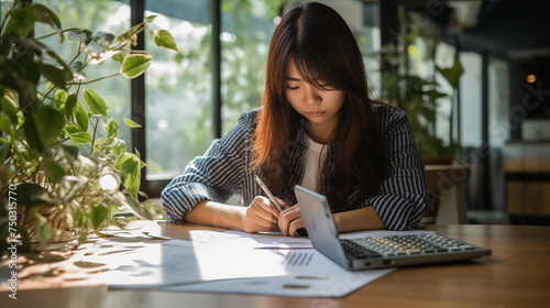  A moment of financial foresight is frozen in time as an Asian young woman's hand utilizes a calculator to calculate balance and plan for tax reduction. 