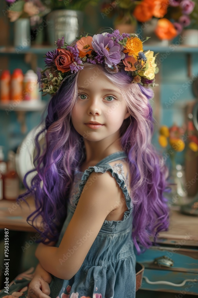 Little Girl with Wildflowers and Purple Tresses Little Girl with Wildflowers and Purple Tresses