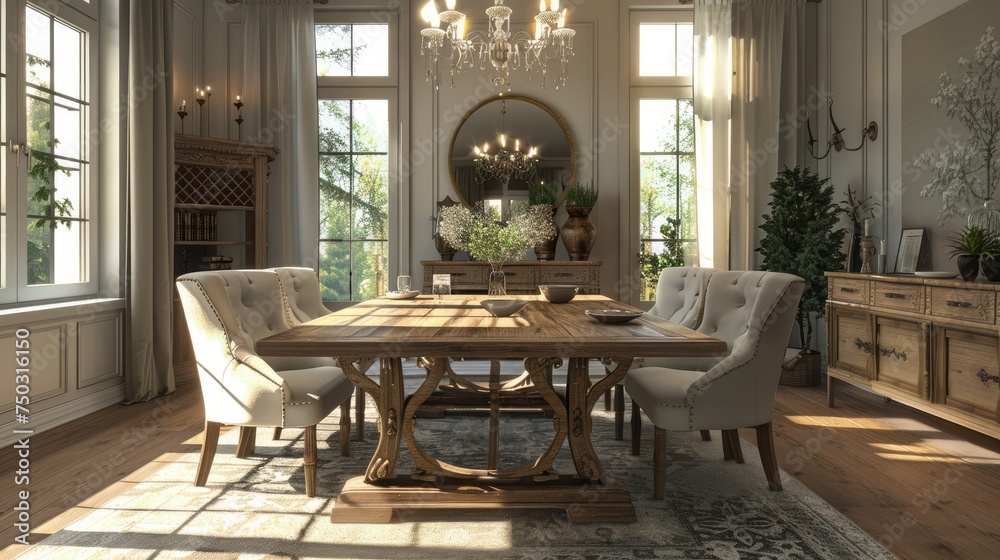 3D rendering of dining area in living room. Large and luxurious interiors of a house with six chair wooden dining table.