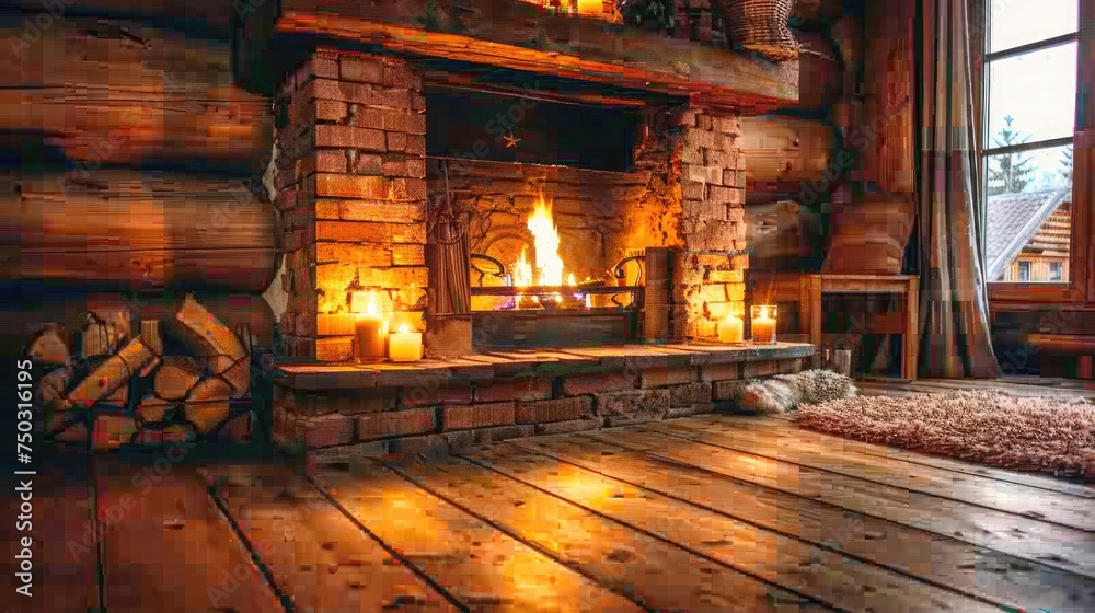 A beautiful, cozy fireplace with natural brick, a wood mantle, and hardwood floors.