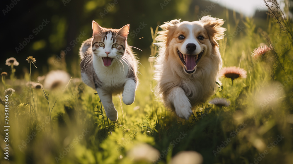 Obraz premium The dogs, with tongues lolling and tails wagging, playfully dart around the cats, who gracefully leap and twist through the air in pursuit.