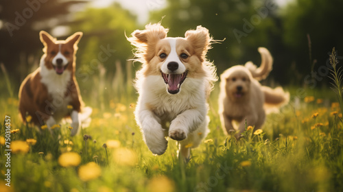  A playful scene unfolds as a mix of adorable dogs and cats frolic together in a grassy meadow, leaping and chasing each other with boundless energy.