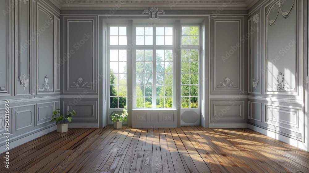 Classical empty room interior 3d render,The rooms have wooden floors and gray walls ,decorate with white moulding,there are white window looking out to the nature view. Classical empty room interior 3d render,The rooms have wooden floors and gray walls ,decorate with white moulding,there are white window looking out to the nature view.