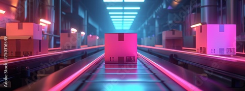 A conveyor belt with boxes on it and a pink box in the middle © NiK0StudeO