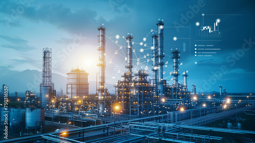 oil and gas refinery or petrochemical factory infrastructure and oil demand price chart, floating icons and price arrows at night