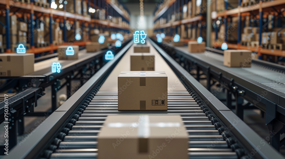 smart warehouse management system package picking, and delivery. conveyor belt in a distribution warehouse with a row of cardboard box packages smart warehouse management system package picking, and delivery. conveyor belt in a distribution warehouse with a row of cardboard box packages