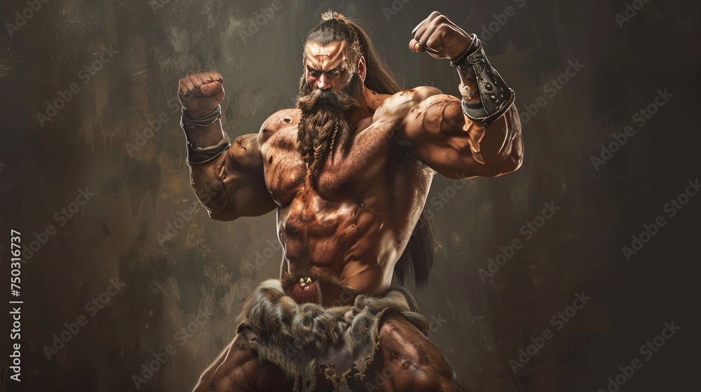 Muscular barbarian warrior posing with flexed arms on a dark, smoky background, showcasing strength and aggression.