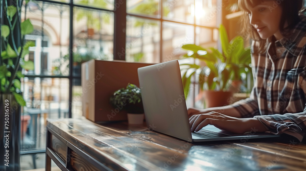 man using a laptop at the workplace small business entrepreneur, freelance working with a box at home deliver to customers, Online selling dropshipping man using a laptop at the workplace small business entrepreneur, freelance working with a box at home deliver to customers, Online selling dropshipping