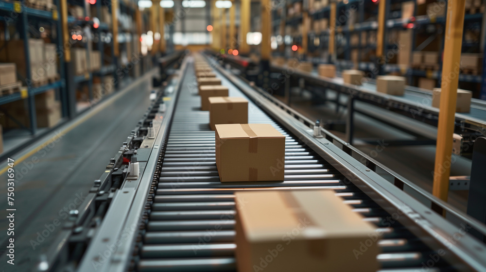 warehouse management system package picking and delivery. Delivery concept. Cardboard boxes on a conveyor line