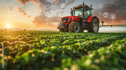 smart farming, tractor in the field, farmer tractor spraying an agricultural crop at sunset, data and floating icons of the agriculture industry and food supply  photo