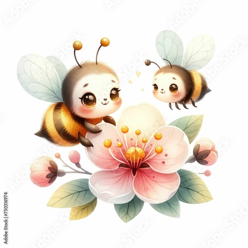 cute Bee pollinating blossom. watercolor illustration  Garden blooming plants and insects flying isolated clipart on white background.