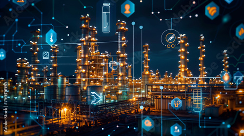 oil and gas refinery or petrochemical factory infrastructure and oil demand price chart concepts with floating icons and price arrow at night © Fokke Baarssen