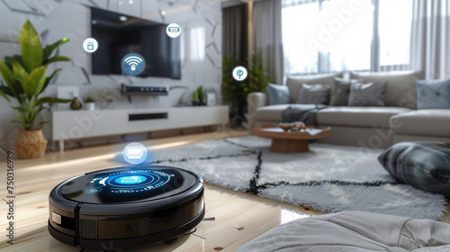 wireless futuristic vacuum cleaner machine robot in a living room 