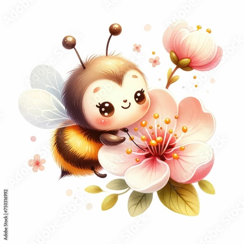 cute Bee pollinating blossom. watercolor illustration  Garden blooming plants and insects flying isolated clipart on white background.