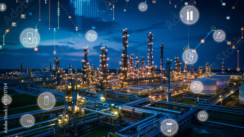 Oil gas refinery or petrochemical plant. Include arrow, graph or bar chart. Increase trend or growth of production, market price, demand, and supply—tconcept of business, industry, fuel, power energy. photo