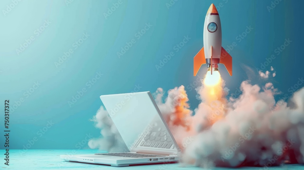 3d render rocket launch on computer laptop. new business start-up ideas ...