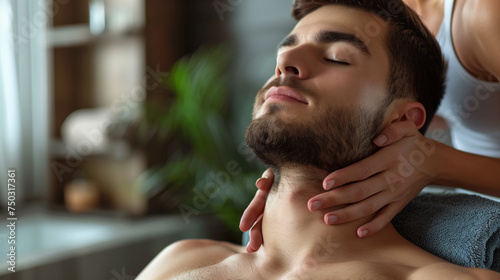 young man getting a massage in a Spa salon, male getting a massage from a woman, close up of head, A good-looking man getting a back massage lying down