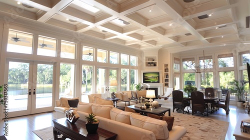 Great room with coffered ceiling and large windows photo
