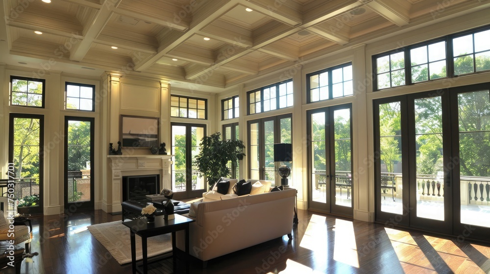 Great room with coffered ceiling and large windows Great room with coffered ceiling and large windows