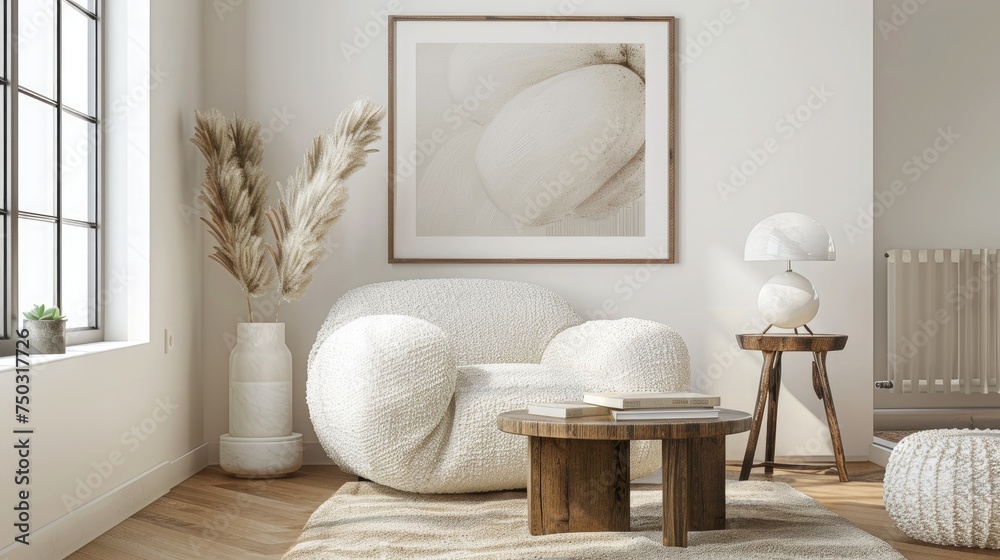 Interior design of harmonized living room with mock up poster frame, white boucle armchair, wooden coffee tables, decoration and personal accessories. Cozy home decor. Template. Interior design of harmonized living room with mock up poster frame, white boucle armchair, wooden coffee tables, decoration and personal accessories. Cozy home decor. Template.