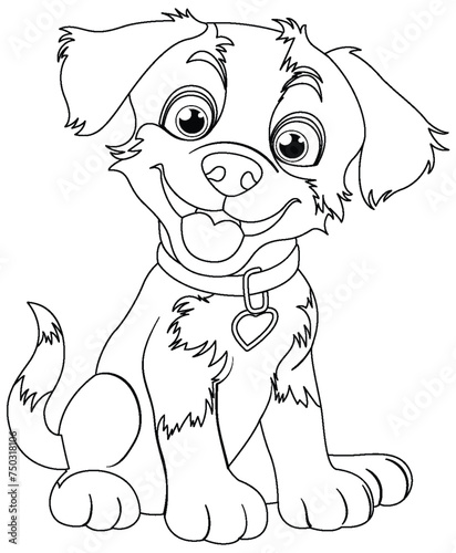 Black and white drawing of a cheerful puppy