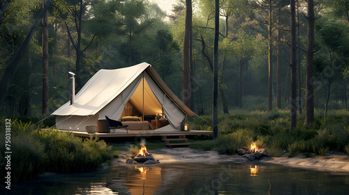Glamping houses in nature forest by lake. generative ai
