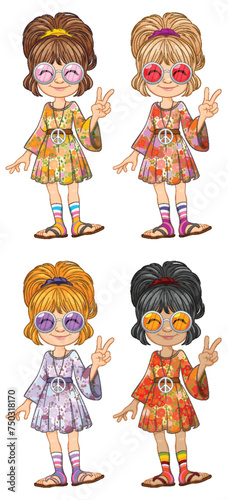 Four girls in vintage outfits showing peace signs
